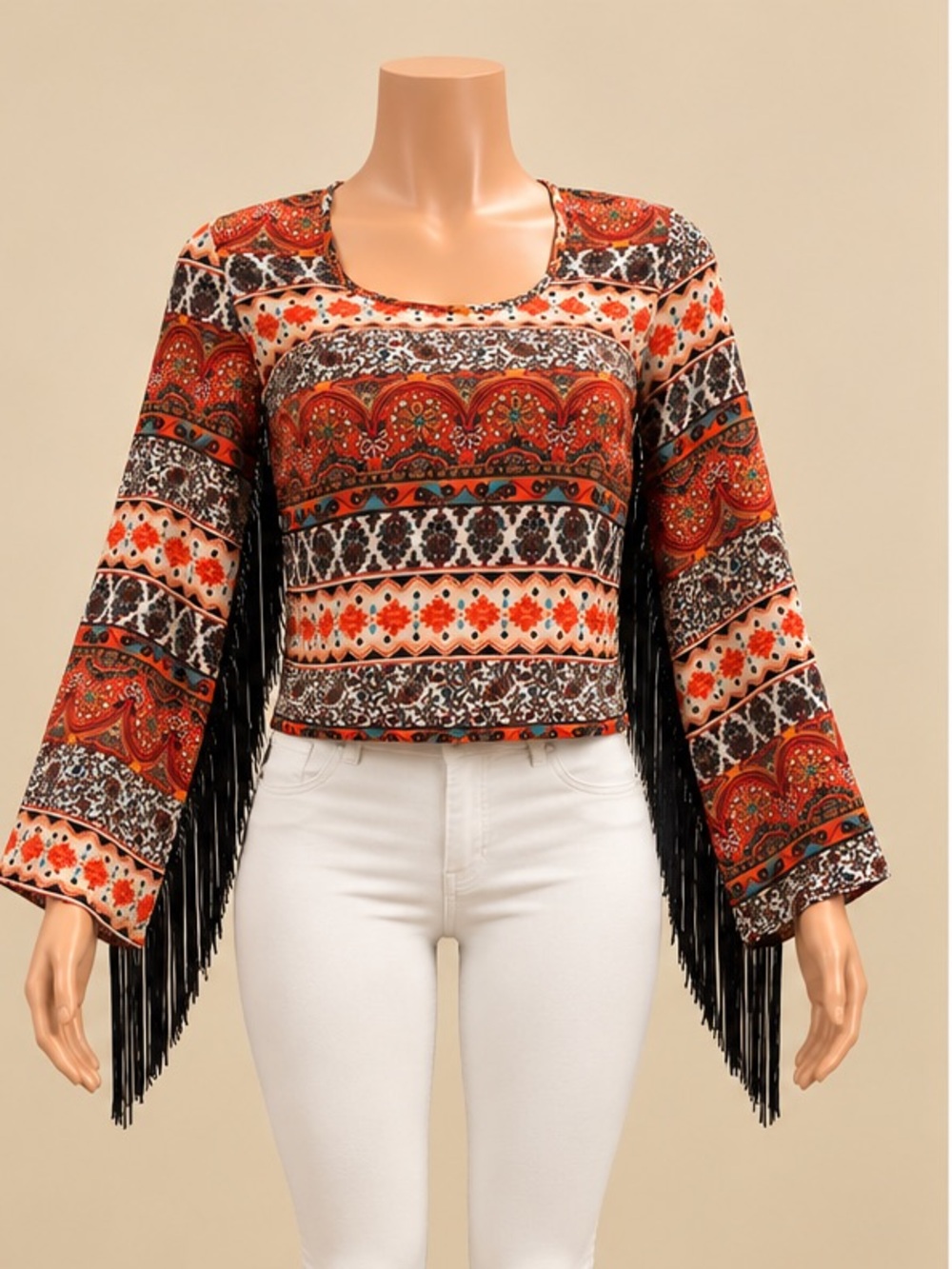 Free People Paisley Boho Fringe Sleeve Split Back Crop Blouse XS NWOT